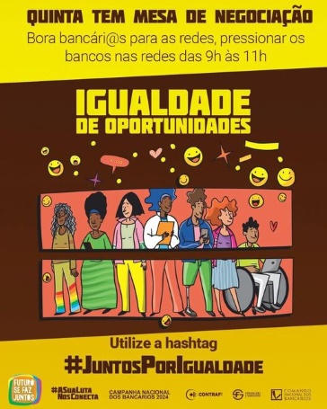 Bancárias e bancários fazem tuitaço nesta quinta (11) por Igualdade de Oportunidades