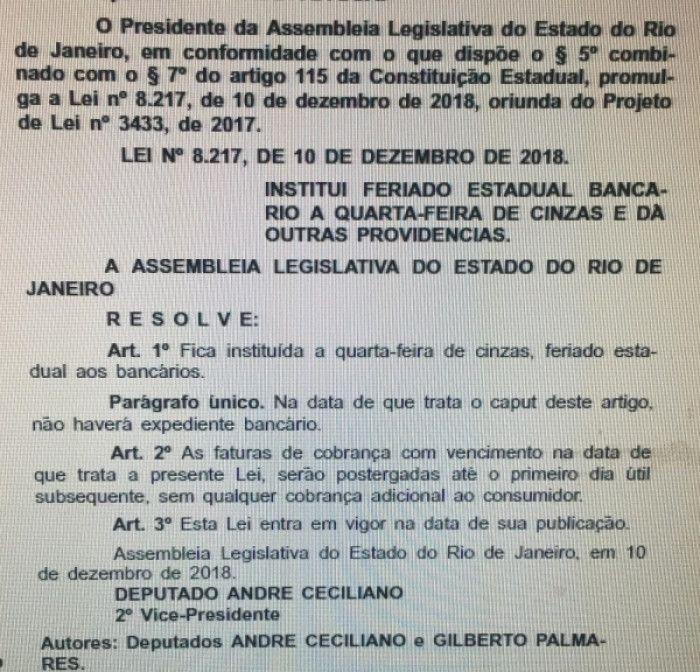 Agora é lei: quarta-feira de cinzas é feriado estadual bancário