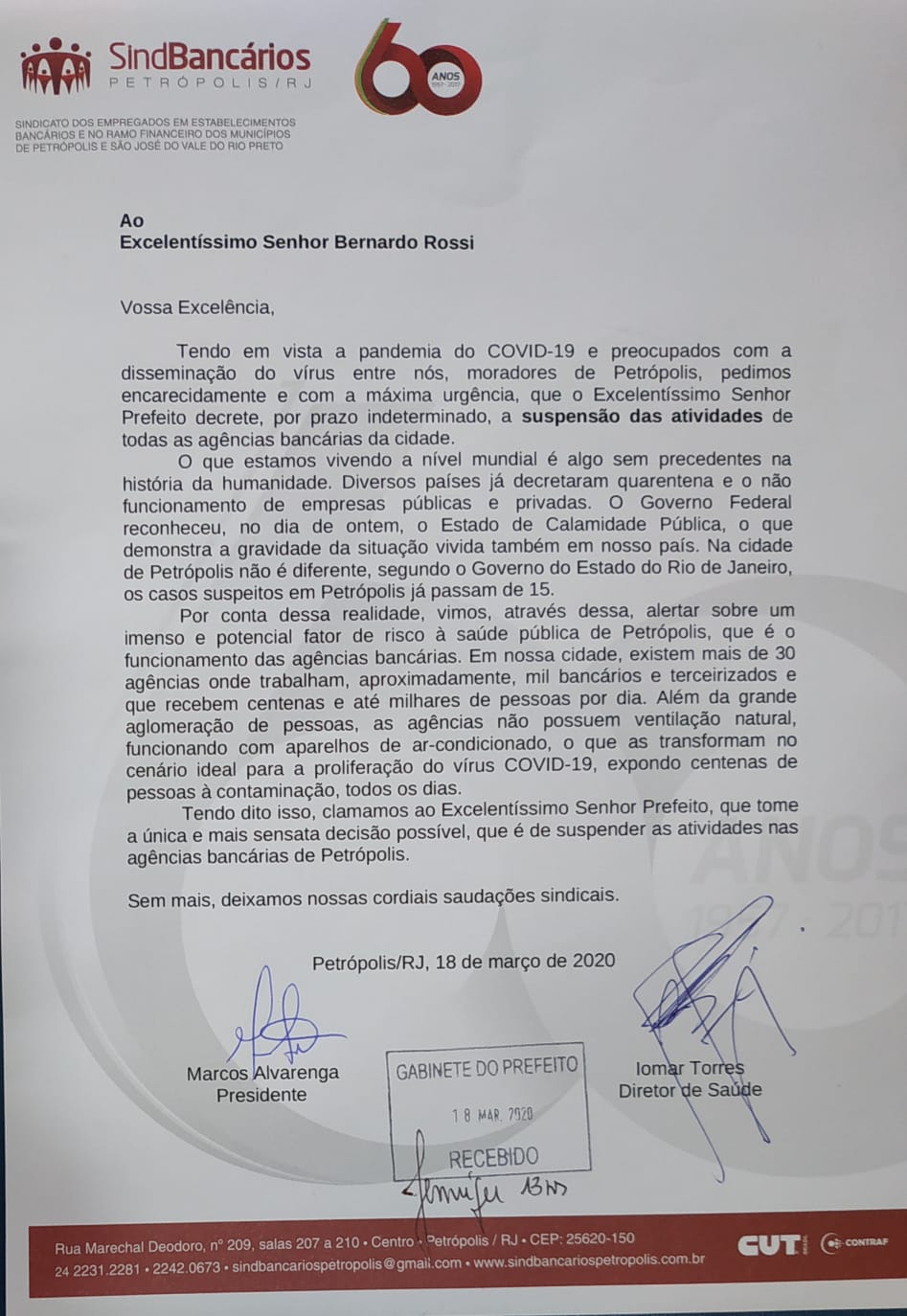 Combate ao Coronavírus: Sindicato solicita à Prefeitura a suspensão das atividades das agências bancárias em Petrópolis
